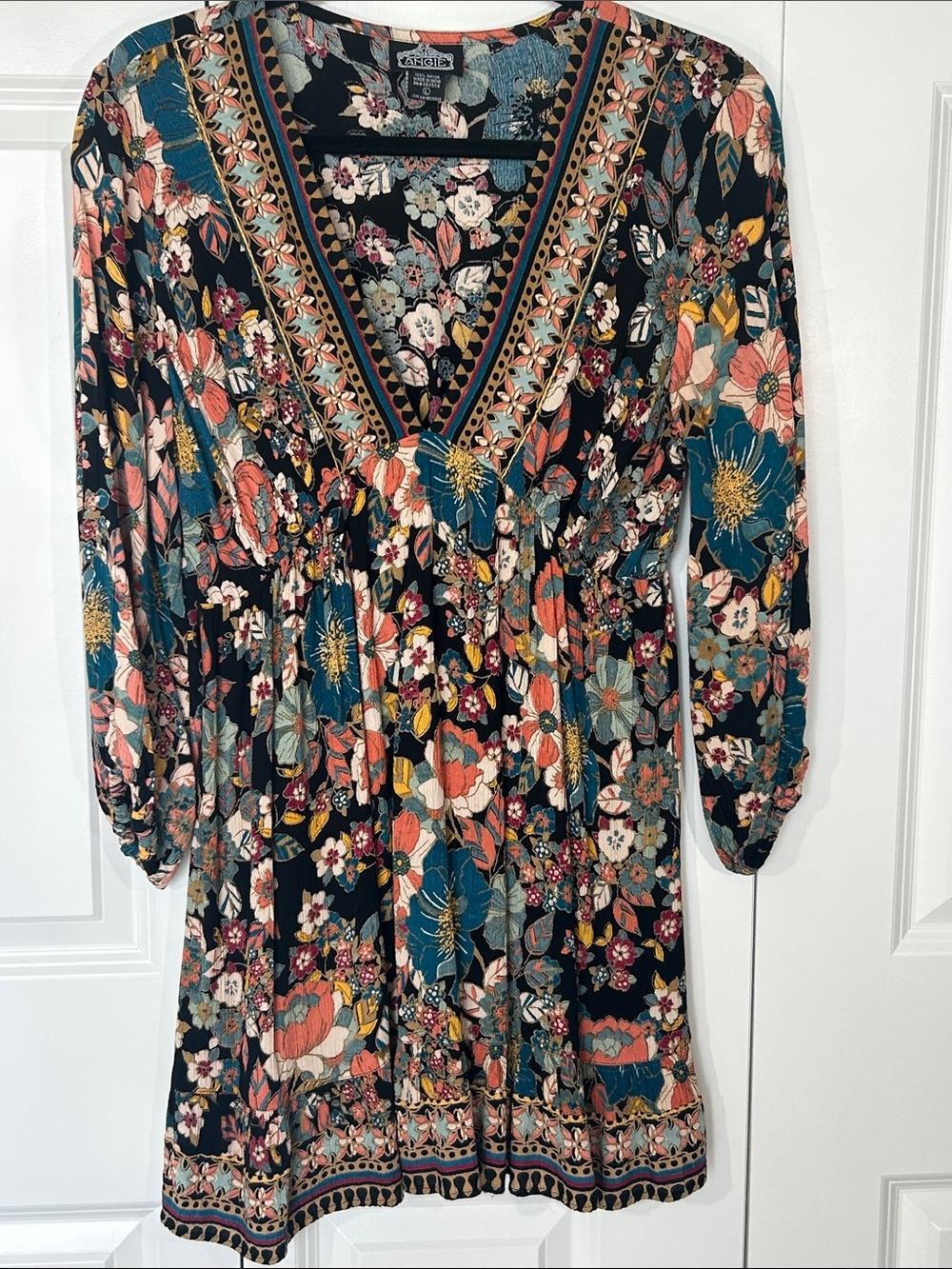 Angie Black Floral Long Sleeve V-Neck Dress